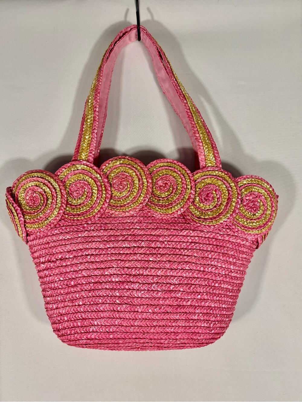 NWT Pink Straw Beach Tote Floral Spiral Woven Raffia Tote Bag P1